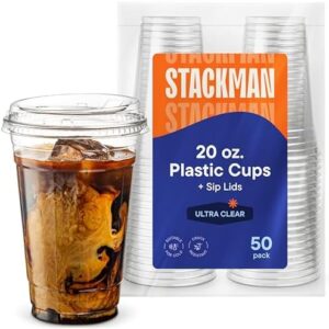 20 oz Clear Plastic Cups with Strawless Sip-Lids [50 Sets] PET Crystal Clear Disposable 16oz Plastic Cups with Lids - Crystal Clear, Durable Cup - BPA Free + Crack Resistant, for Coffee, Juice, Shakes