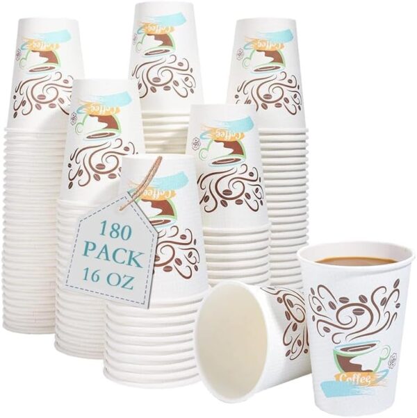 Lamosi Coffee Cups 16 oz 180 Pack, Disposable Coffee Cups 16 oz, Hot Cups 16 oz, Disposable Cups 16 oz, 16 Ounce Paper Cups for Cafe, Restaurant, Office and Home (No Lid) - Image 2